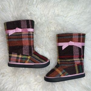 Natural Steps Girls Size 3 Adorable Multicolored Plaid Boots with Pink Bow